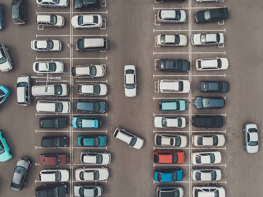 overhead view of a car park