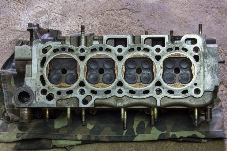 bottom of a cylinder head showing the valves