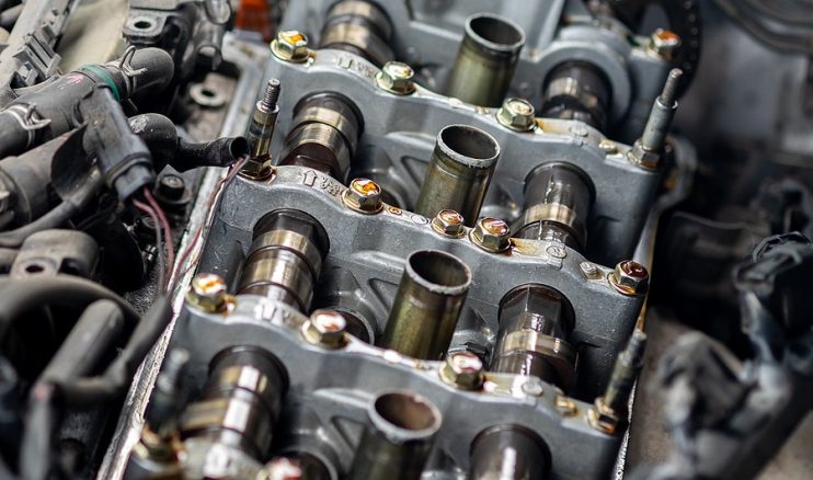 camshafts inside the top of a cylinder head